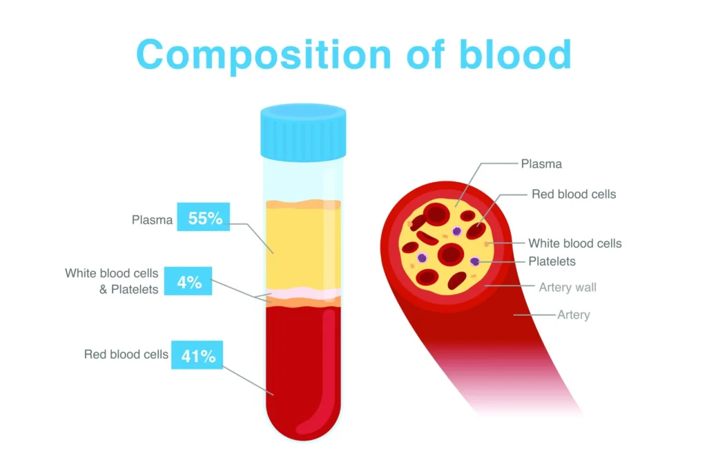 Composition of Blood with PRP PRP blood Composition, with labeled Plasma, White Blood Cell and Red Blood Cell percentages.